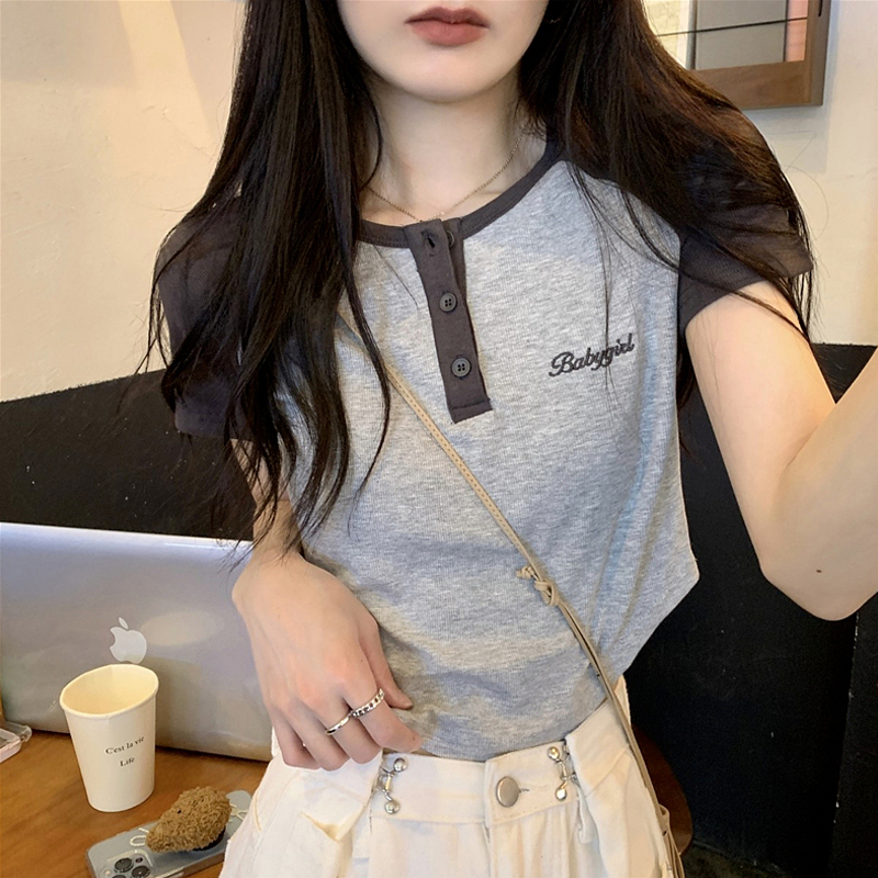Hot girl slim shoulder short-sleeved t-shirt women's summer irregular design sense niche chic unique sweet and spicy wind top