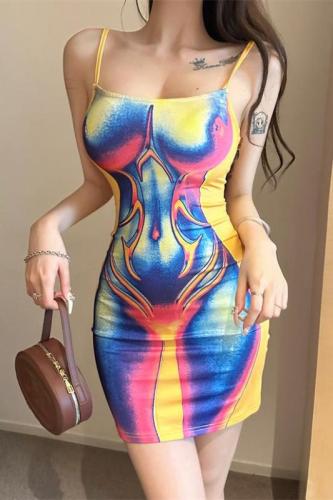 Real shot~European style women's clothing  spring new fashion print sexy backless slim strap dress