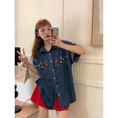 Real time American retro embroidery flower loose top with lapel short sleeved shirt denim jacket