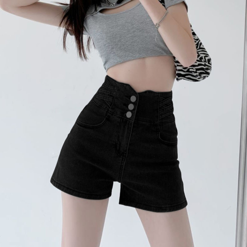 Official website real price black denim shorts women's summer high waist with old holes showing thin legs and long a-line hot pants