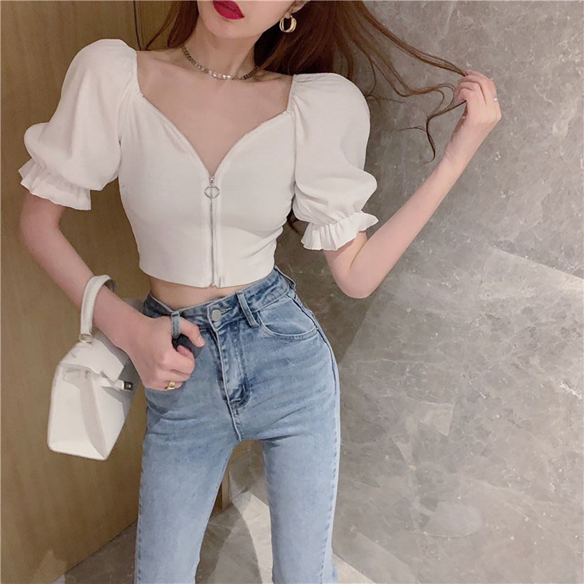 Official picture high waist short section navel V-neck puff sleeve zipper top design sexy short-sleeved t-shirt female summer