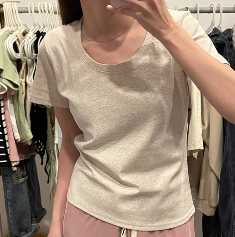Official picture pure cotton back bag 210g 40 counts 92 cotton 8 spandex short-sleeved T-shirt women's solid color U-neck summer top