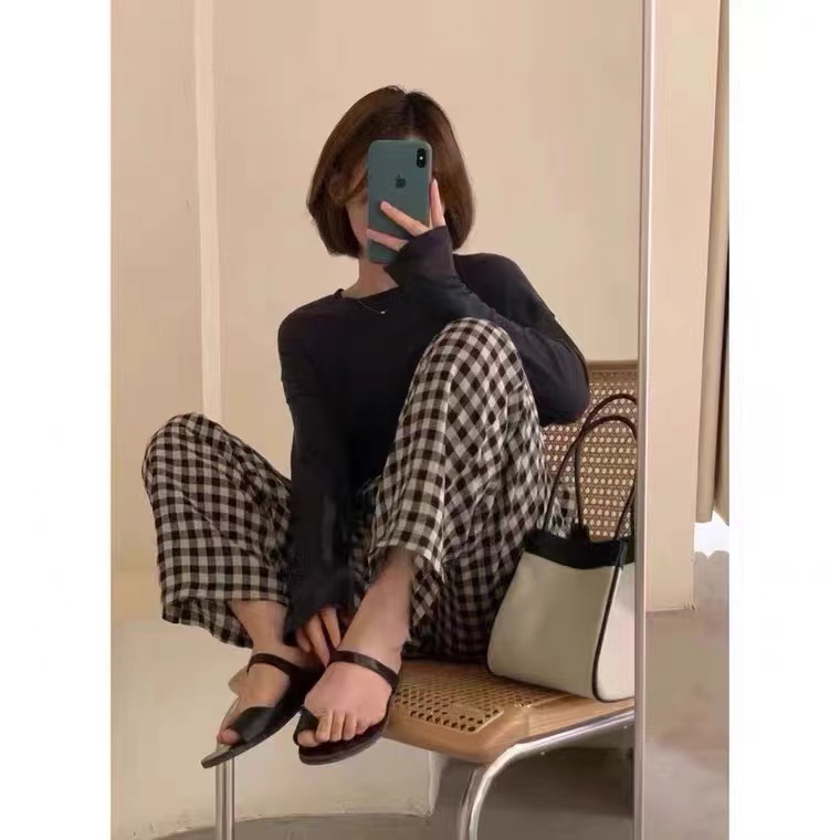 Korean Dongdaemun spring and summer new classic plaid elastic waist fashion straight trousers women's loose casual