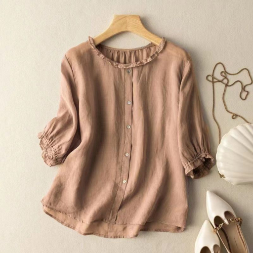 Three-quarter sleeves foreign style thin shirt 2023 summer mother wear breathable cotton and linen tops wine red pullover shirt women