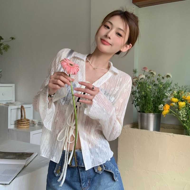 Summer sunscreen cardigan waist slimming light cooked semi-perspective chiffon shirt tie-up air-conditioning shirt coat