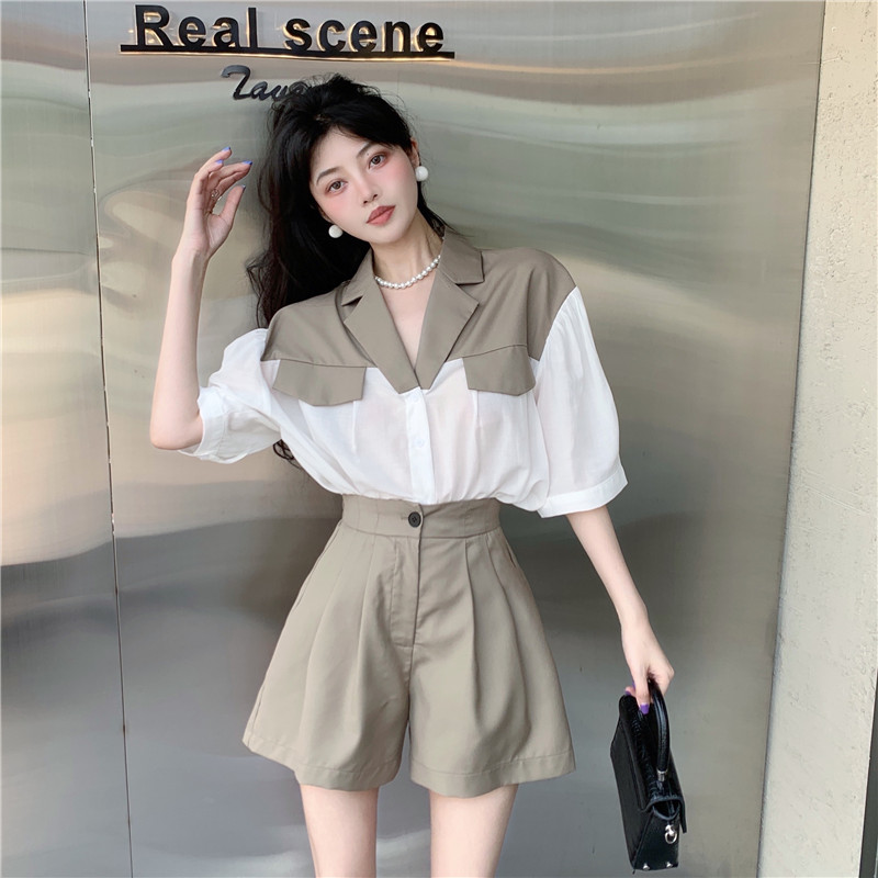 French retro temperament contrast color splicing suit collar shirt + high waist A-line wide-leg shorts suit summer new women