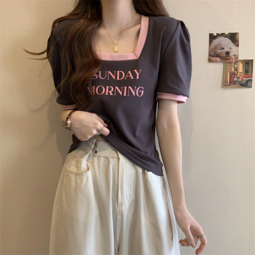 First release 11 thread summer Korean version loose square collar stitching letter printing mid-length large size short-sleeved T-shirt for women