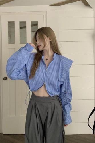 Real shot real price Korean temperament pleated button loose top sweet stand collar waist drawstring solid color shirt