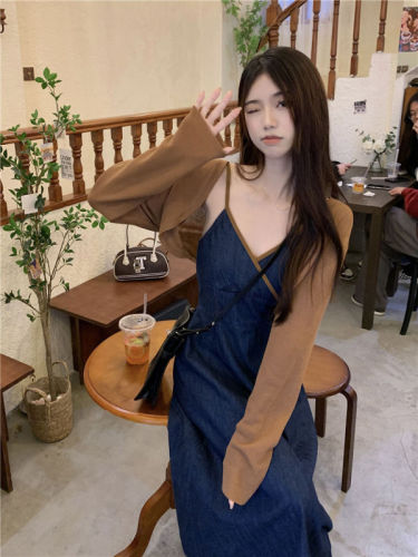 French retro mid-length denim suspender dress long-sleeved shawl cardigan female summer  new two-piece set