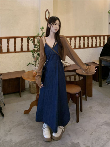 French retro mid-length denim suspender dress long-sleeved shawl cardigan female summer  new two-piece set