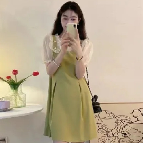 Fake two-piece dress female summer 2023 new French design puff sleeve skirt with wooden ears