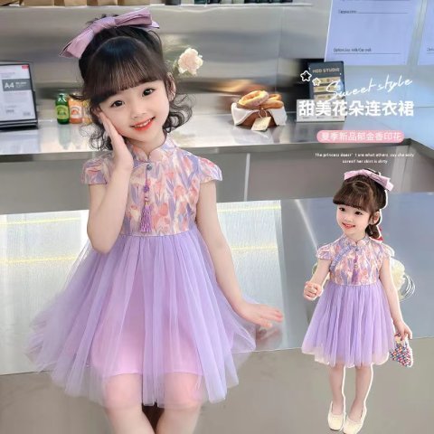 2023 summer fashion girl baby dress trendy national style mosaic floral skirt fake two sweet mesh skirts