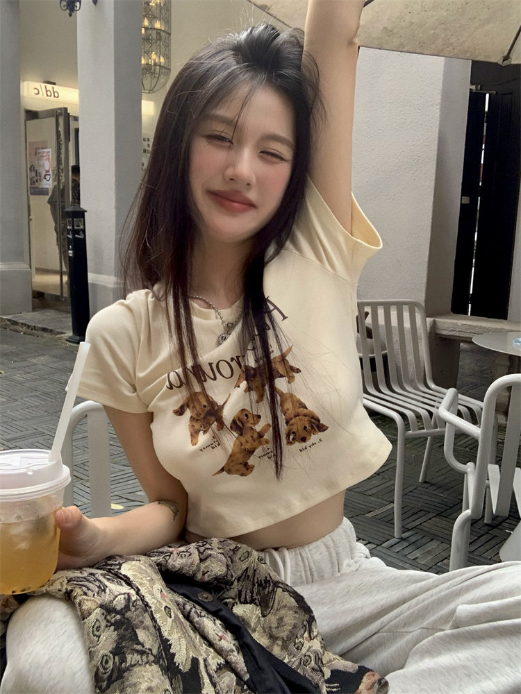 Pull frame cotton puppy print short-sleeved T-shirt women's short shoulders hot girl slim crop top