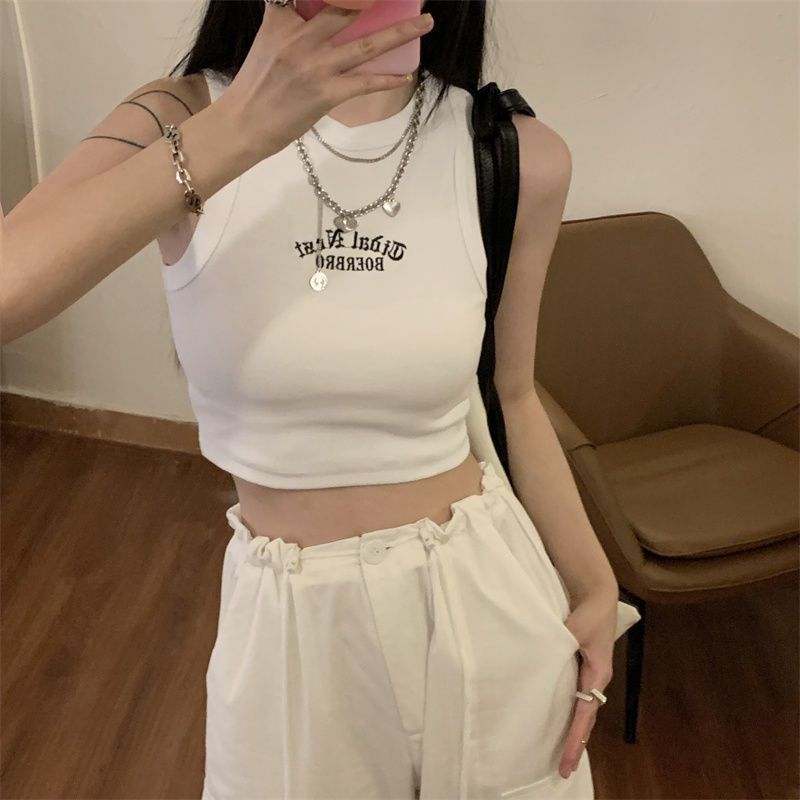 Letter embroidered camisole women's outerwear summer new style slim sweet hot girl short navel top icy silk