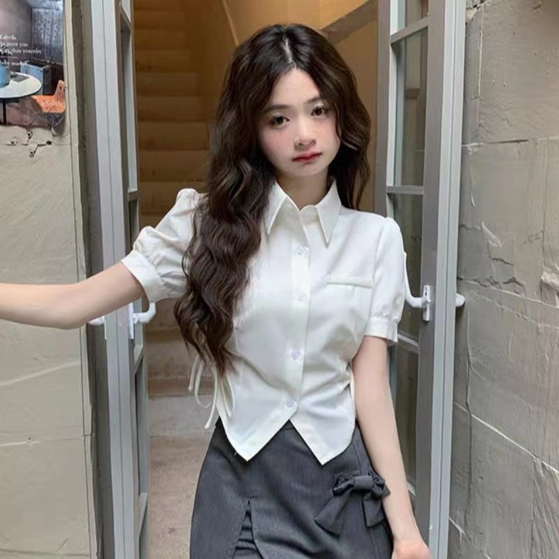 White JK waist shirt women's 2023 summer new design sense niche short-sleeved short unique chic top