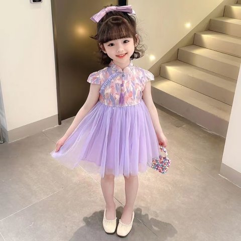 2023 summer fashion girl baby dress trendy national style mosaic floral skirt fake two sweet mesh skirts