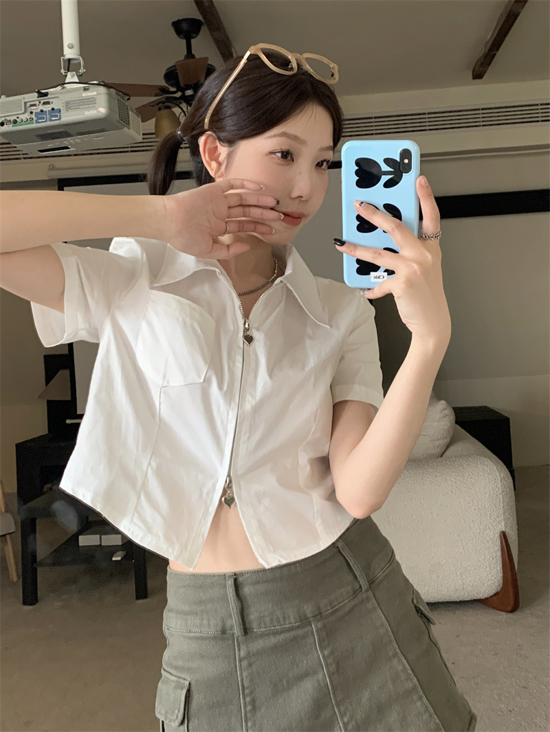 2023 hot girl design sense double zipper white POLO collar short-sleeved shirt female summer fat MM short slim top