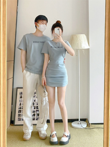 Summer couple clothes 220g compact elastic cotton fabric Back shoulder wrap collar high quality printing
