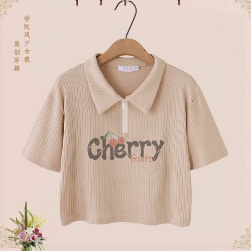 Front shoulder short-sleeved t-shirt women's summer new foreign style sweet college wind student girl short polo shirt top tide