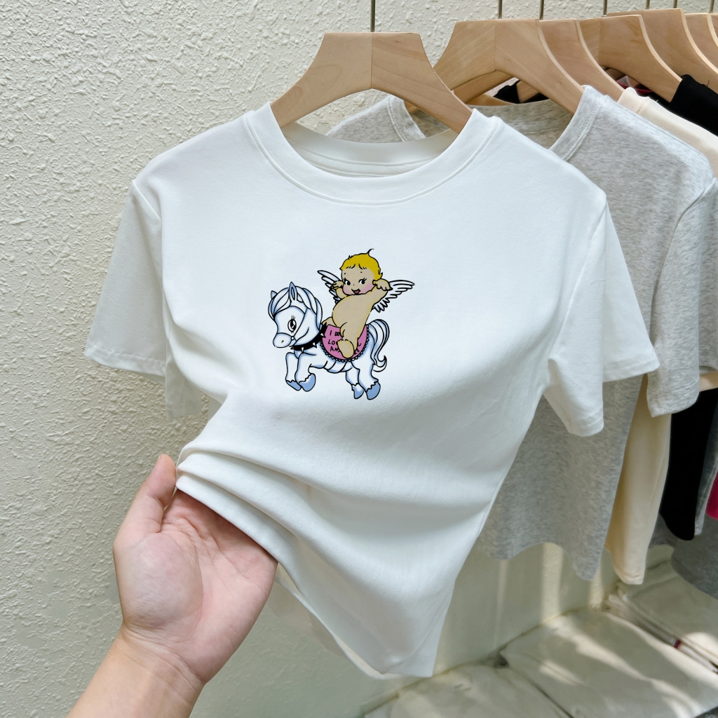 Real price back bag pure cotton 210g 40 counts 92 cotton 8 spandex short-sleeved T-shirt women's short print slim summer