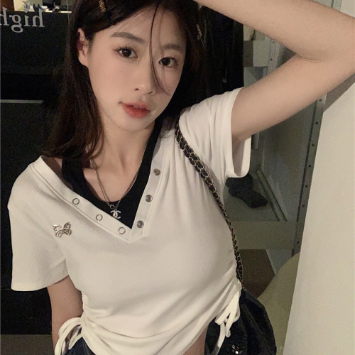 Drawstring fake two-piece short-sleeved front-shoulder T-shirt for women looking thinner and unique chic design sweet and spicy top