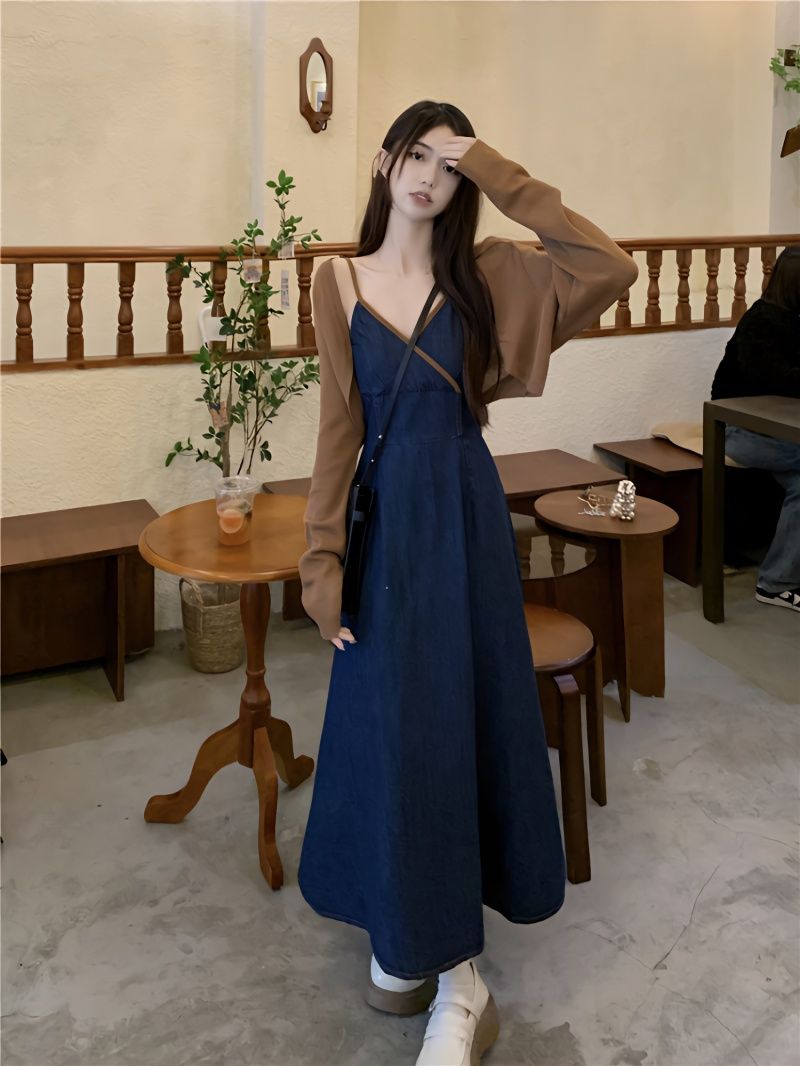 French retro mid-length denim suspender dress long-sleeved shawl cardigan female summer 2023 new two-piece set