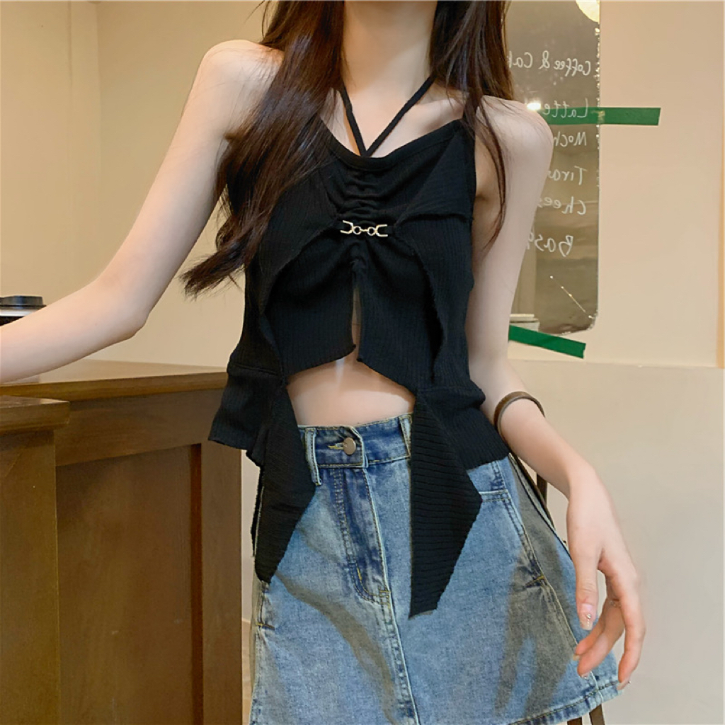 Pure desire sweet and cool black halter neck small camisole female new sexy hot girl exposed umbilical top