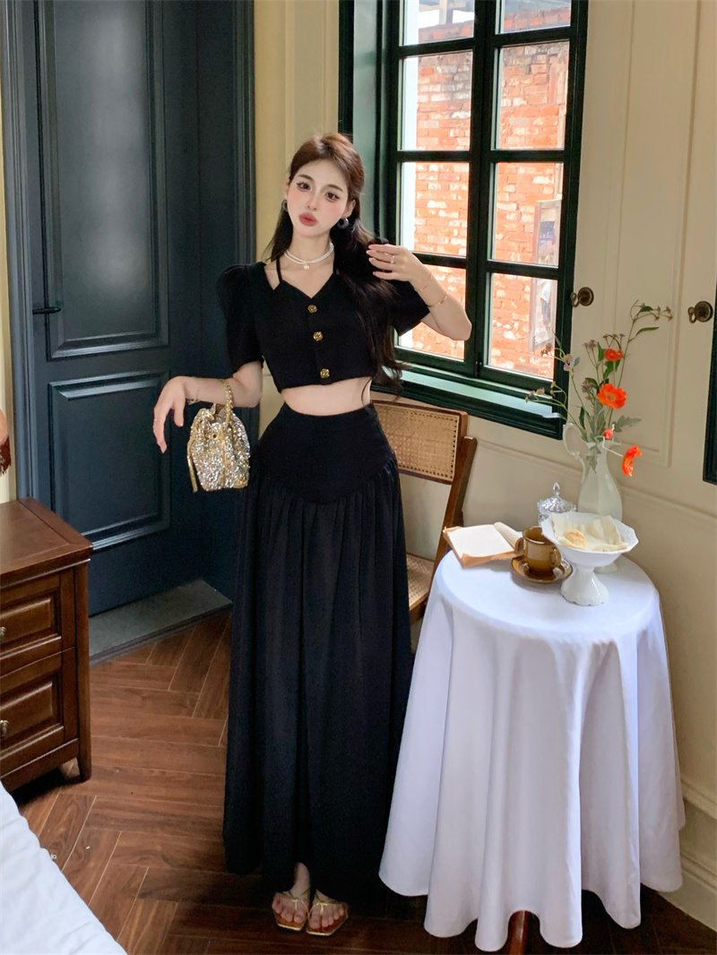 Real price real shot French temperament square collar halter neck tie short-sleeved top + high waist long skirt