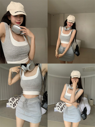 Actual real price hot girl layered two-piece camisole + all-match hip A-line skirt