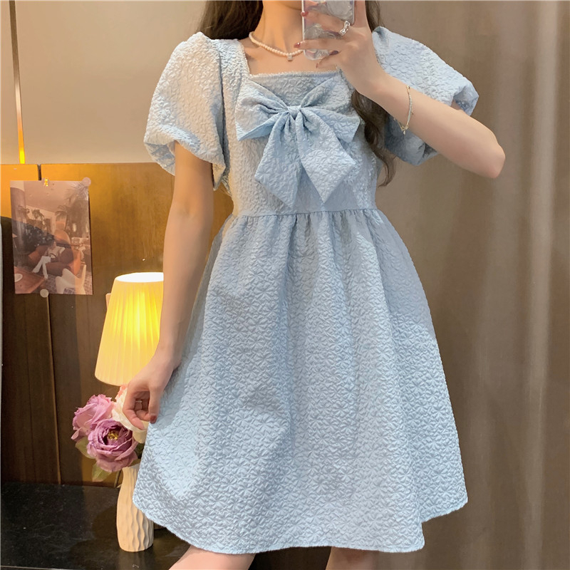Original fabric + method French temperament square collar puff sleeve bow dress summer new skirt