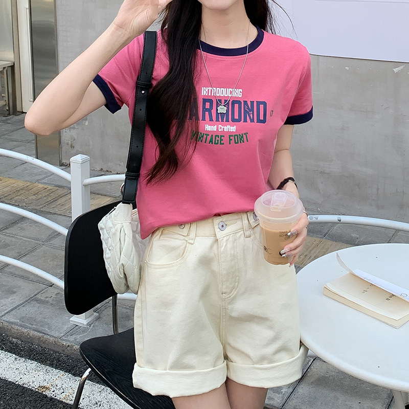 Real shot pure cotton short-sleeved t-shirt women's clothing 2023 new summer half-sleeved loose all-match ins tide brand