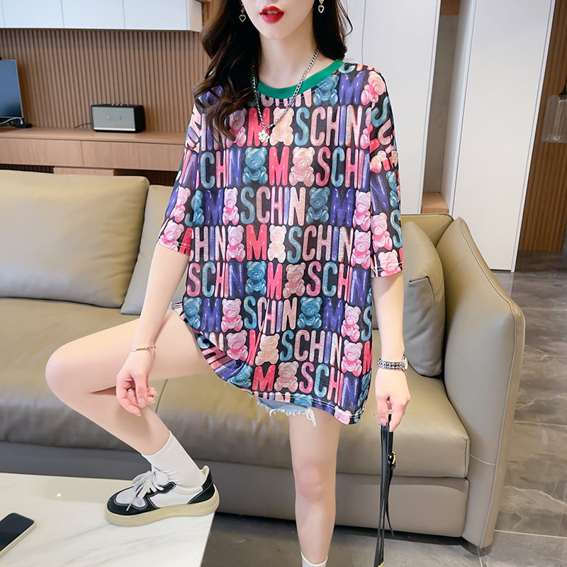 Real shot-Summer nano silk back wrap collar printing new large size loose all-match top T-shirt for women