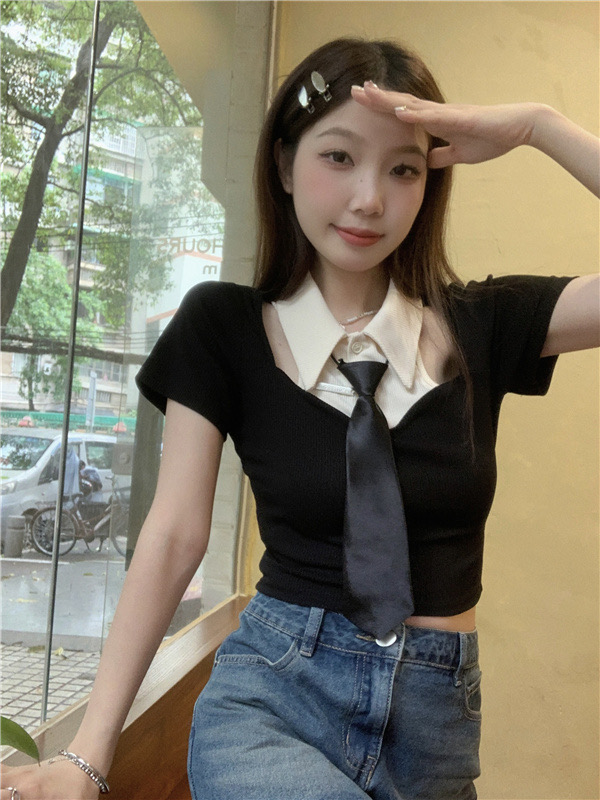 Hot girl design sense contrast color stitching POLO collar short-sleeved t-shirt female summer fat MM hollow short top