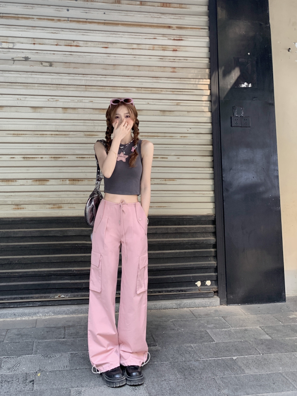 American Sweetheart Loose Straight Casual Overalls Women's Large Pocket Lace Up Two Colors Available