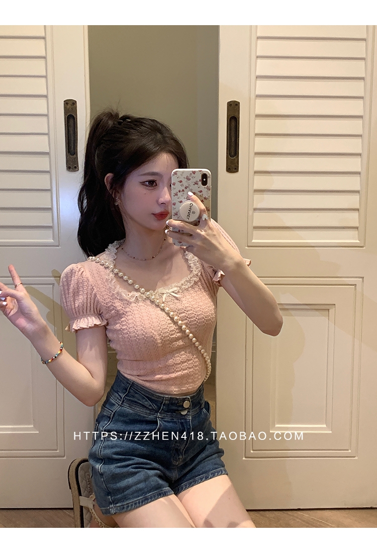 New product at 10 o'clock on the 27th Cream Confession Letter/Spring Ballet Girl Bowknot Square Neck T-Shirt