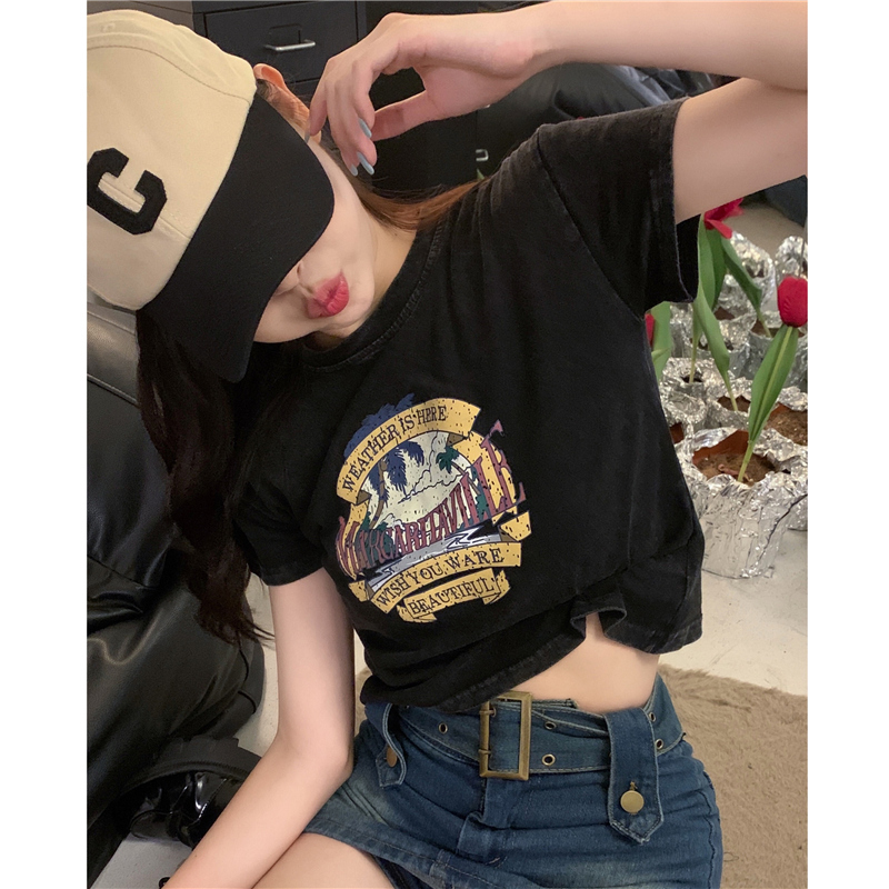 American retro summer short T-shirt women's short-sleeved tight-fitting design sense niche slim high-waisted navel small top