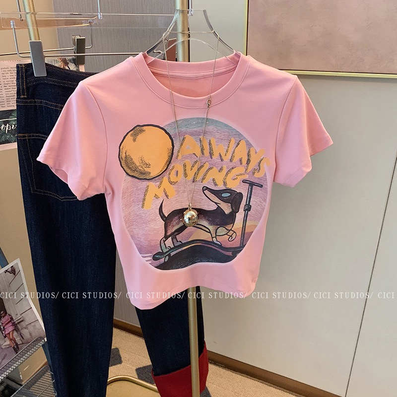 Hot girl pink fun print short navel t-shirt female summer 2023 new slim fit and thin all-match top ins
