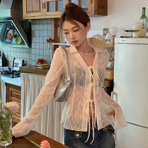 Official picture real price summer sunscreen cardigan waist slimming light familiar semi-perspective chiffon shirt tie-up air-conditioning shirt coat