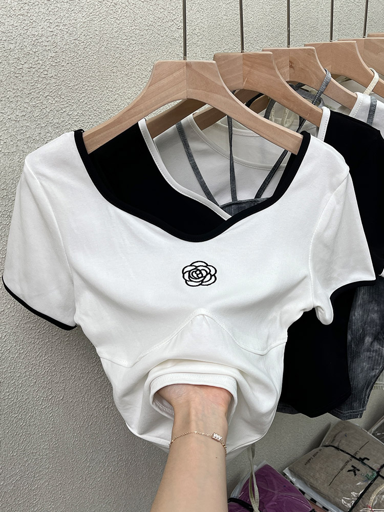 Pure desire unique chic Hong Kong flavor sweet hot girl sexy short square neck clavicle top design sense short-sleeved t-shirt female summer