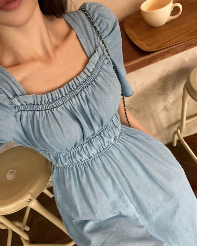 Sweet Gathered High Waisted Square Neck Denim Jumpsuit