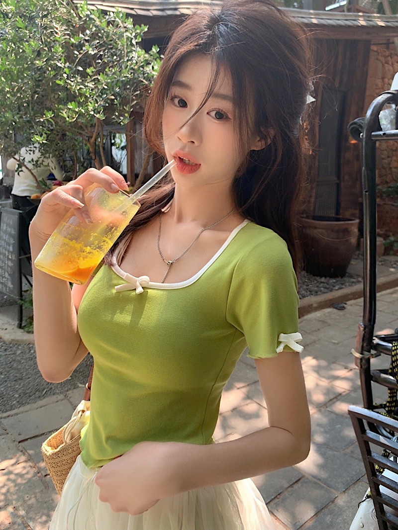 Actual shot and real price~Sweet cool style right shoulder slim fit pure lust style color matching bow top versatile T-shirt
