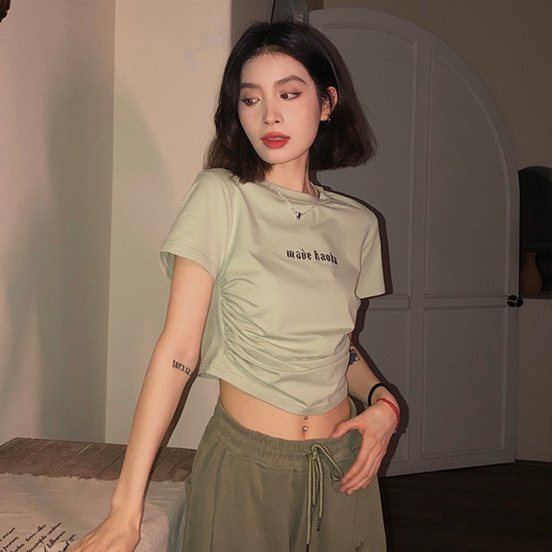 6535 pull frame cotton round neck short-sleeved t-shirt women's summer casual design sense niche irregular