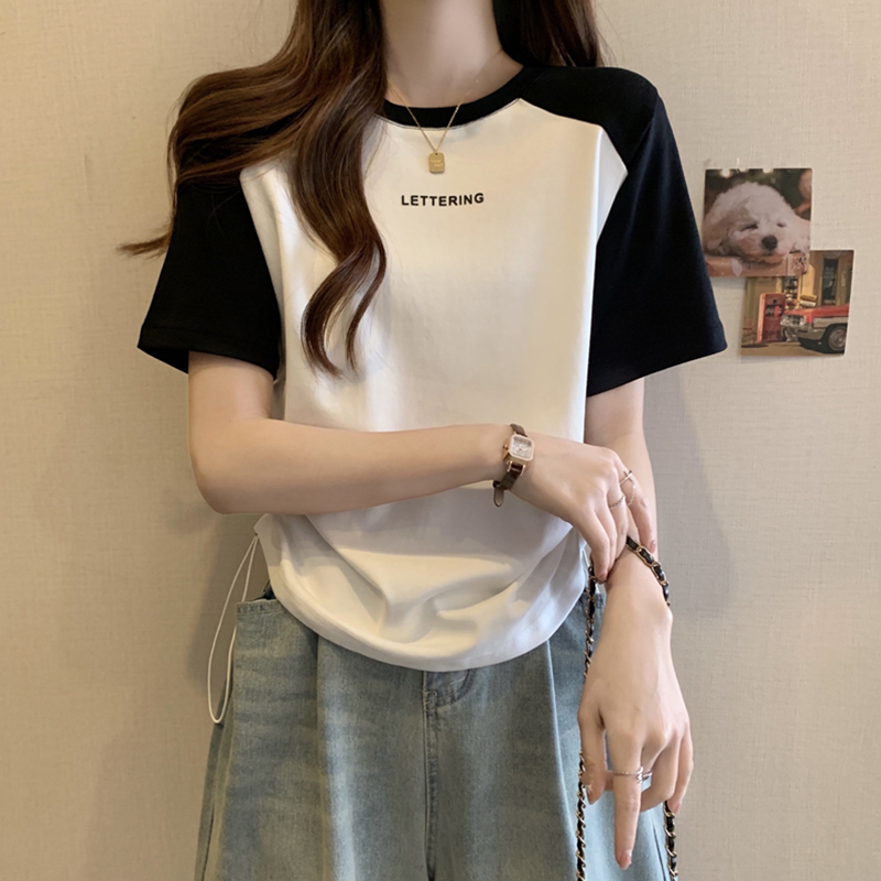 Large size summer round neck print drawstring short-sleeved T-shirt bottoming shirt fat sister cover belly was thin shoulder top women