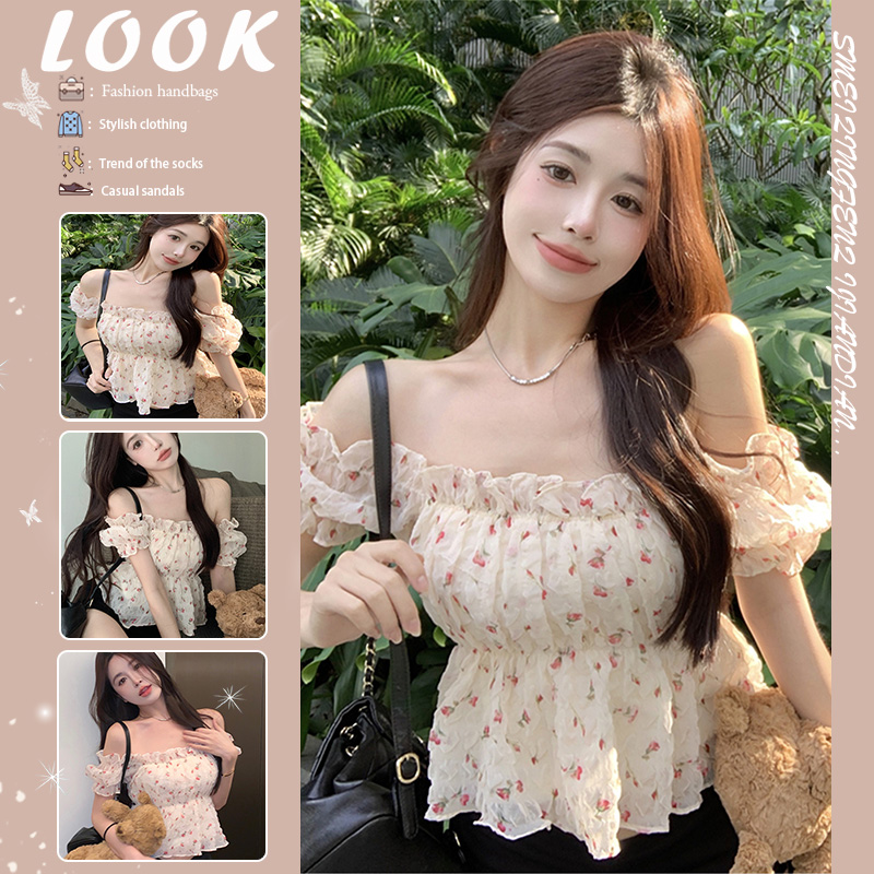 Floral short-sleeved chiffon shirt women 2023 summer French chic sweet sexy shirt one-shoulder collarbone top women
