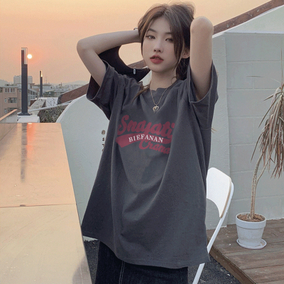 Super fire printing short-sleeved t-shirt women's loose Korean style trendy 2023 summer new mid-length half-sleeved top
