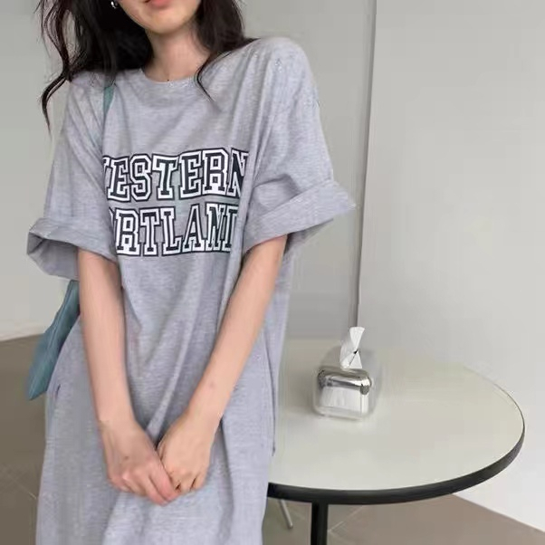 2023 short-sleeved t-shirt skirt women's summer slit Korean version loose lazy all-match long over-the-knee dress