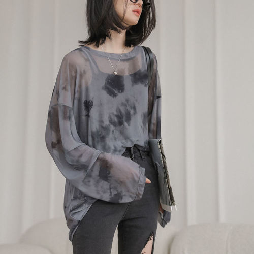  new loose Korean version tie-dye micro-permeable mesh long-sleeved t-shirt foreign style sunscreen bottoming shirt thin top women