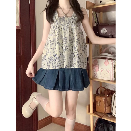 Weft elastic floral retro vest women's summer loose high-end casual sleeveless top