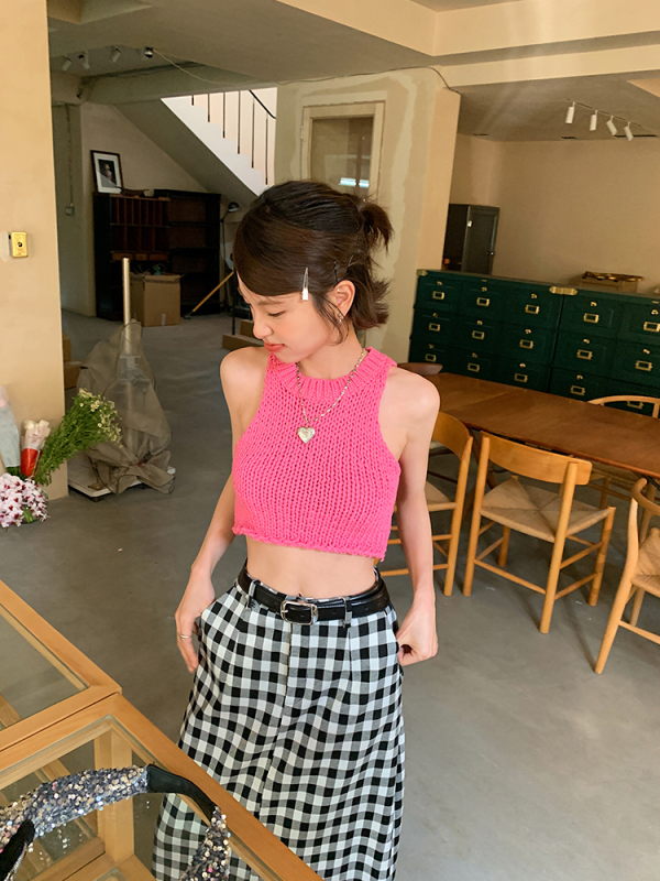 Raspberry pink knitted camisole women's 2023 spring and summer new short sleeveless hot girl top