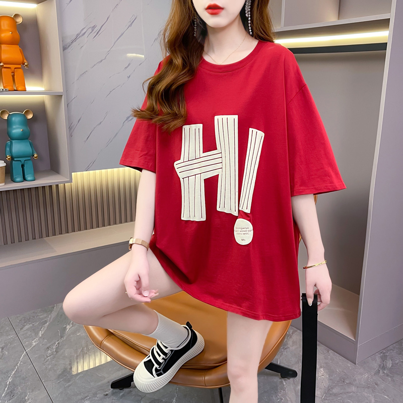 Real Shot-Summer 210g Cotton Back Wrap Collar Mid-Long Front Shoulder Loose Large Size Women's Short-sleeved T-Shirt Women